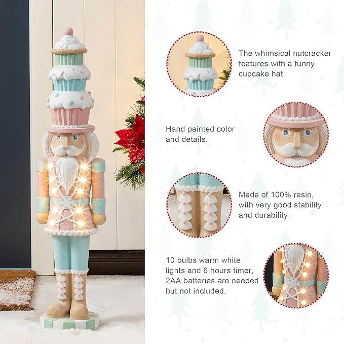 Glitzhome Christmas Front Porch Decor, Lighted Macaron Pink and Blue Resin Xmas Cupcake Nutcracker Porch Decor w/Timer for Indoor Outdoor Patio Standing Decor, 28" H