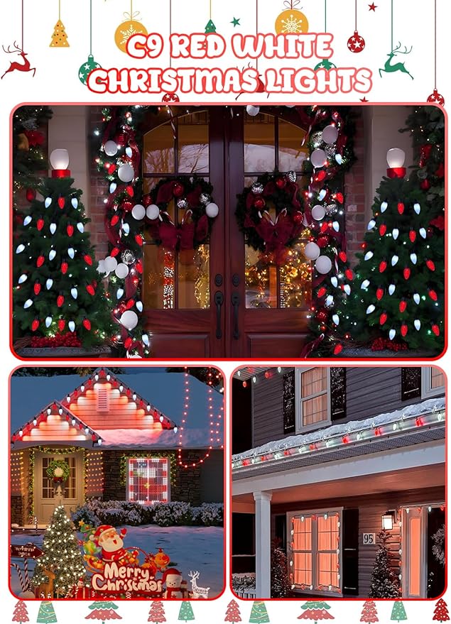 2-Pack Connectable C9 Christmas Lights Outdoor Indoor, 66 FT 100 LED Christmas String Lights Plug in with 8 Modes & Timer, Waterproof Fairy Twinkle Light for Xmas Tree Yard Decorations (Red and White)
