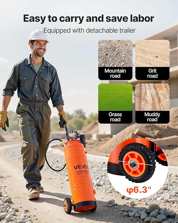 VEVOR Industrial Concrete Sprayer with Wheeled Cart, 5 Gallon Stainless Steel Sprayer, Heavy Duty Tri-Poxy Pump Sprayers, 20.5''Wand, 48" & 120" Hoses, 2 Brass Nozzles for Construction, Lawn & Garden