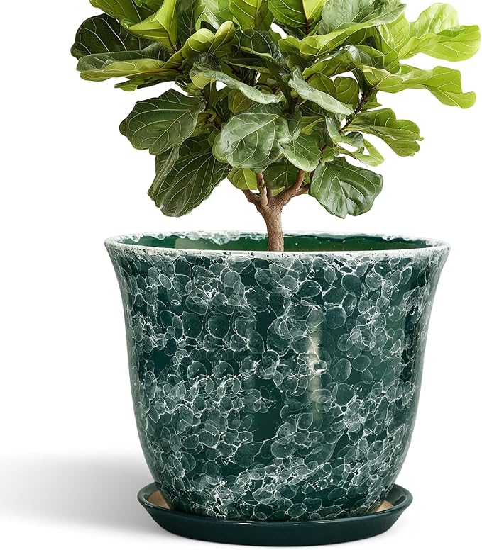 Ceramic Planter - 12 Inch Pots for Plants with Drainage Hole and Saucer, Round Planter for Indoor Outdoor, Large Plant Pot, Modern Planters, Garden Patio Decor, House Warming Gifts, Green