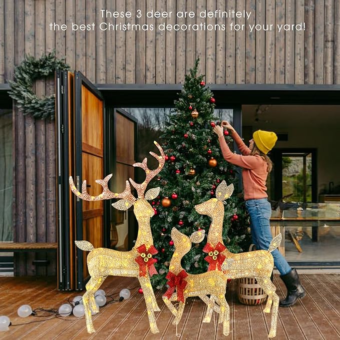 4ft Outdoor Christmas Reindeer Decor Set of 3 with 240 Warm White LEDs, Durable Metal Frame, Weatherproof Plush Fabric for Christmas Home Yard Garden Lawn Decorations, Easy Assembly, Gold