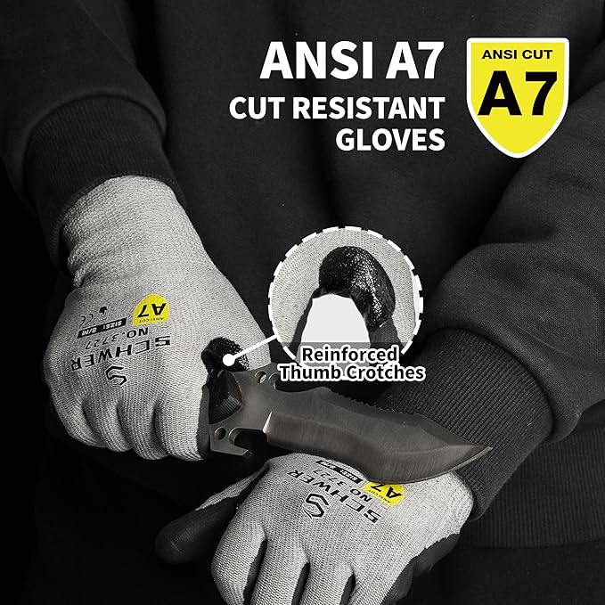 High Level Cut Resistant Work Gloves for High Risk Work, ANSI A7 Cutting Gloves with Reinforced Thumb, Used for WoodWorking, Construction, Non Slip, Durable, Breathable & Cool, L, 1 pair, PR3727