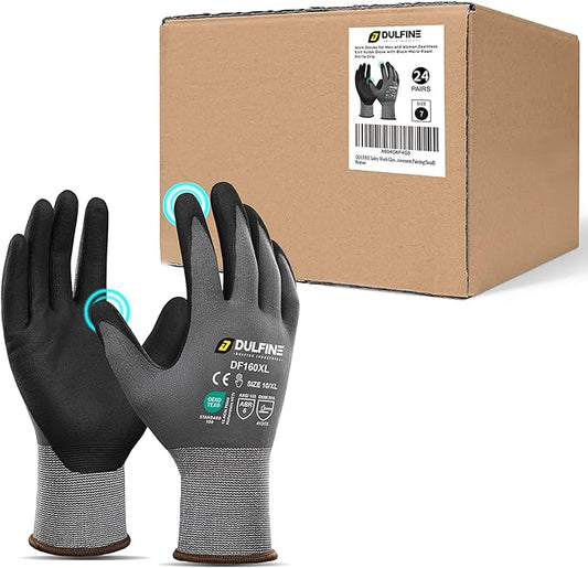 DULFINE Safety Work Gloves MicroFoam Nitrile Coated-24 Pairs Pack,Seamless Knit Nylon Glove with Black Micro-Foam Nitrile Grip,Ideal for General Purpose,Automotive,Home Improvement,Painting(Medium)