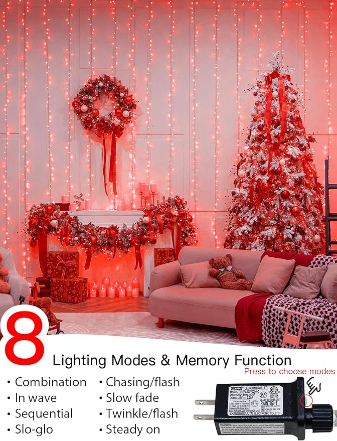 33FT 100 LEDs String Lights Waterproof Fairy Lights 8 Modes with Memory 30V UL Certified Power Supply for Home, Garden, Wedding, Party, Christmas Decoration Indoor Outdoor (Red)