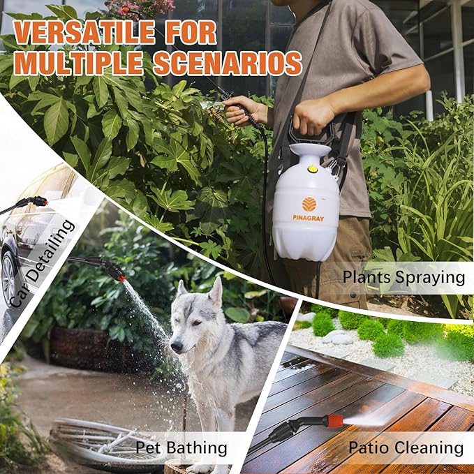 2Gallon/7.56L Pressure Sprayer - Multi-Use Pump Mister for Garden, Lawn & Home with 2 Nozzles, Shoulder Strap & Gloves - Ideal as Weed, Plant & Water Sprayer