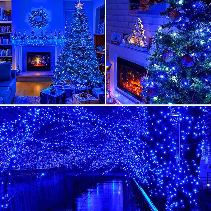 75.8 FT 200 LED Blue Christmas String Lights Outdoor & Indoor, Timer & Memory Function & 8 Modes, Extendable Ultra Bright Green Wire Mini Twinkle Lights for Xmas Tree Patio Holiday Party Garden Decor