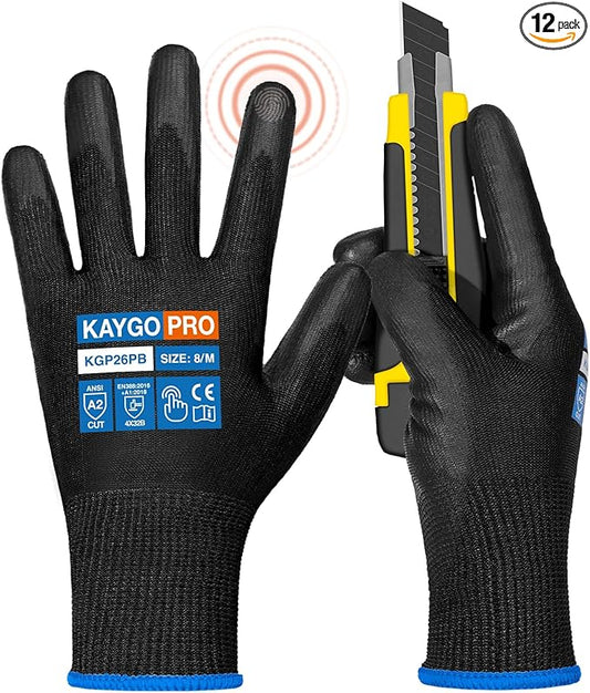KAYGO Cut Resistant Gloves PU Coated, 12 Pairs Safety Work Gloves with full fingers Touchscreen, ANSI Cut Level A2, for Men and Women, Ideal for General Duty Work KG11P, Black,M