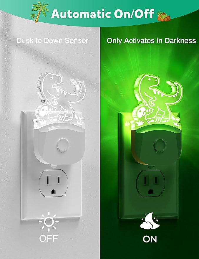 Dinosaur Night Light for Kids [2 Pack], 8 Color Changing Plug in Night Lights for Baby with Dusk to Dawn Sensor, Nightlight for Bathroom Decor, Children Room, Dinosaur Toys Gifts