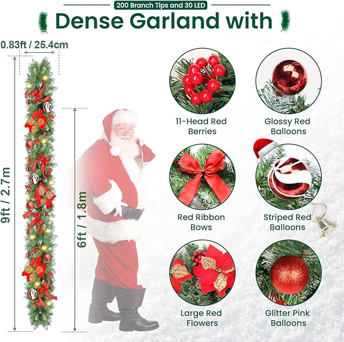 Christmas Garland with Lights, 9FT 30 LED Prelit Christmas Garland for Mantle,Outdoor Indoor Christmas Decorations Garland Battery Operated with Timer, Bows,Flowers,for Stairs,Railing,Fireplace,Door