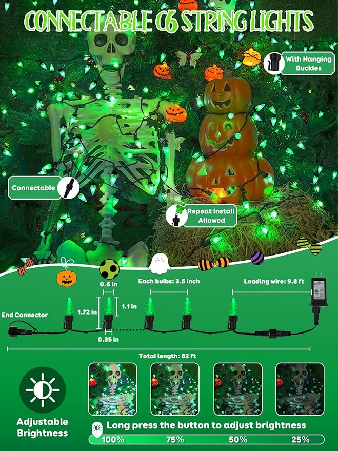 Upgraded 250LED C6 Connectable Halloween String Lights, 82FT Waterproof Green Lights for Outside, Fairy Twinkle Light Plug in with 13 Modes & Timer for Outdoor Indoor Party Tree Halloween Decorations
