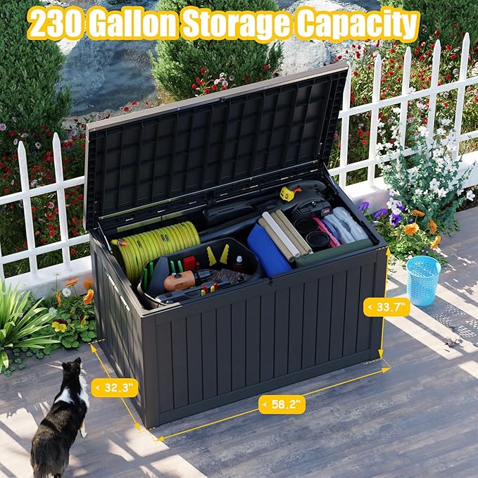 230 Gallon Waterproof Outdoor Storage Box,Large Resin Deck Box,Lockable Outside Storage Box Container for Patio Furniure,Garden,Pool Tools (230 Gallon,Black)