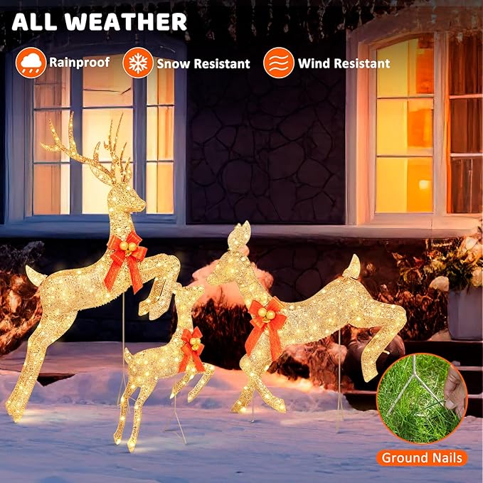 3-Piece Lighted Reindeer Christmas Decoration with 210 Warm White LED Lights, 5FT 3D Glittered Christmas Deer Family Set Outdoor Decorations, Plug in Deer Decor for Lawn Yard Patio Garden