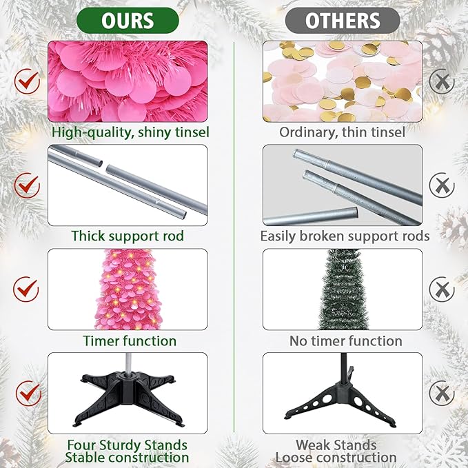 HMASYO 5 FT Pop Up Christmas Tree with Timer Lights, Hot Pink Christmas Tinsel Tree, Collapsible Artificial Pencil Christmas Tree for Indoor Home Apartment Porch Holiday Party Decorations