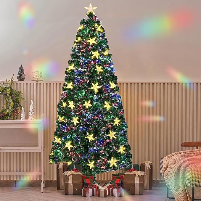 Juegoal 7ft Pre-Lit Artificial Christmas Tree, Lighted Optical Fiber Xmas Trees with Warm White Large Stars & Color Changing Optical Fiber Lights, Party Home Holiday Green Fake Tree with Metal Legs