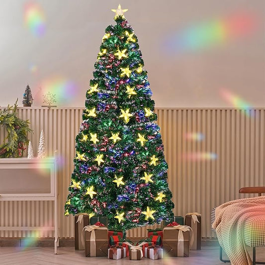 Juegoal 7ft Pre-Lit Artificial Christmas Tree, Lighted Optical Fiber Xmas Trees with Warm White Large Stars & Color Changing Optical Fiber Lights, Party Home Holiday Green Fake Tree with Metal Legs