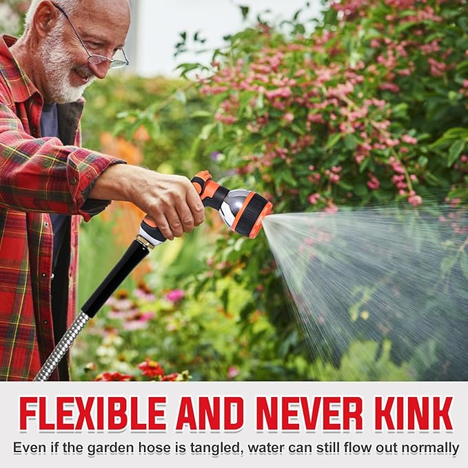 YAMATIC 75FT Stainless Steel Garden Hose with 10 Pattern Spray Nozzle, Heavy Duty Metal Water Hose, Kink-Free, Rust Resistant Hose for Yard, Lawn, RV, Outdoor
