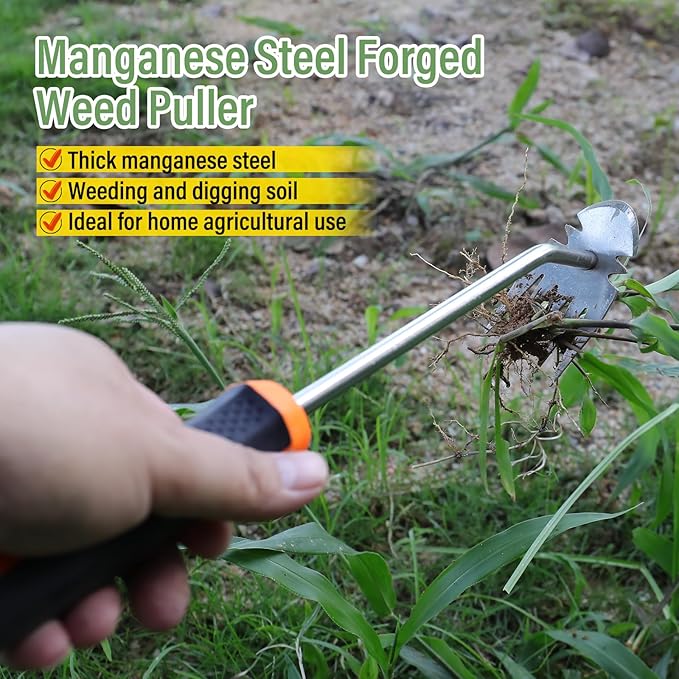 Weed Removal Tool, 2025 New Garden Weeding Tools Manganese Steel Hand Weeder Tool with Handle, 5 Teethes Dual Purpose Manual Weeders Tool Weed Pulling Tool for Garden (Rubber Handle)