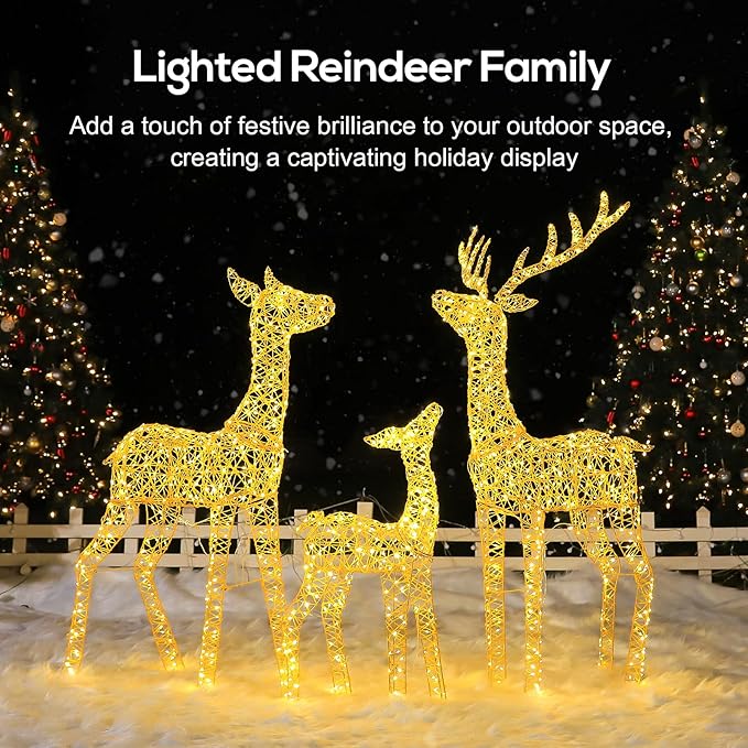 Hykolity 4.5 FT 3D Lighted Outdoor Christmas Reindeers Family, 3-Piece Light Up Twinkling Deer Set with 1660 Warm White LED Lights, Groud Stakes, Zip Ties for Holiday Decorations