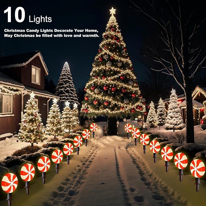 Ultimate Unicorn Christmas Lollipop Pathway Lights for Garden Christmas Decoration Red, 10 LED Peppermint String Lights with Stakes for Outdoor Sidewalk Pathway Rooftop Lawn Garden