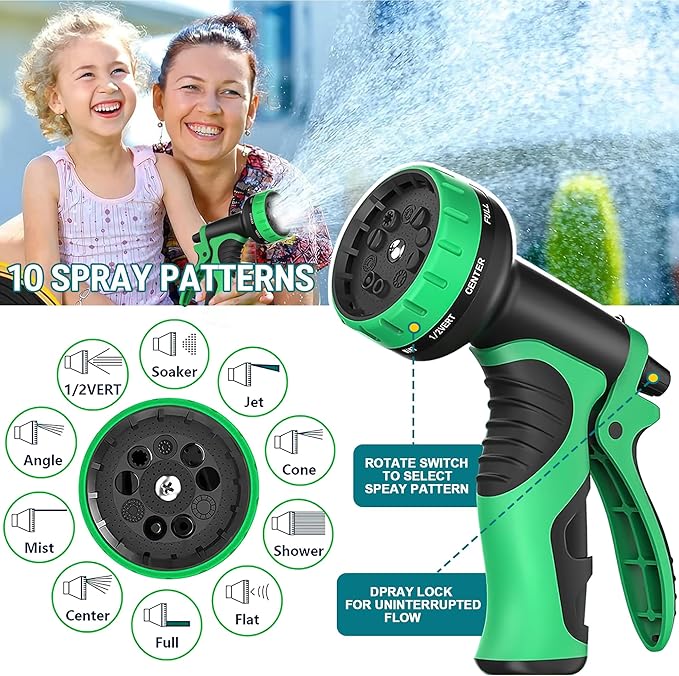 Expandable Garden Hose 100 ft Water Hose with 10 Function Spray Nozzle, Lightweight Flexible Hose with 3/4 Inch Solid Fittings and 3-Layer Latex Core, 100ft Retractable Stretch Hose, Green & Black