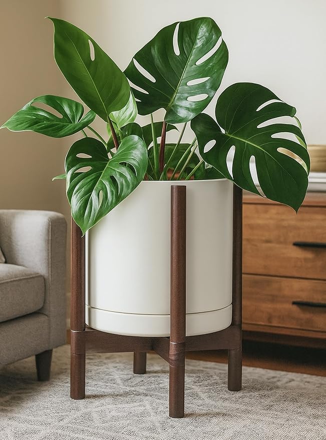 D'vine Dev Ceramic Planter with Walnut Color Stand - 12 Inch Modern Round Flower Pot with Wood Planter Holder, Oatmeal, 55-B-W-8