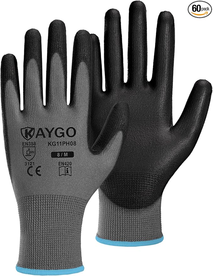 KAYGO Safety Work Gloves PU Coated, 60 Pairs KG11PB, Seamless Knit Glove with Polyurethane Coated Smooth Grip on Palm & Fingers, for Men and Women (Medium, Gray)