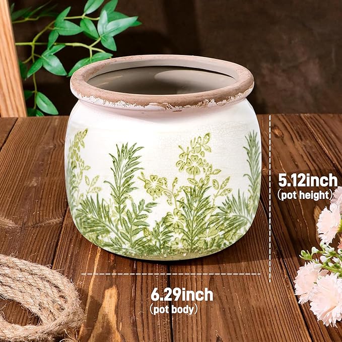 Ceramic Pot for Planter, Vintage Flower Pot with Drainage Holes, 6.29 inch Ice Crack Glazed Indoor Planters Pot (French Country)