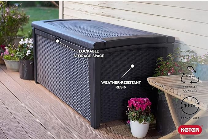 Keter Borneo 110 Gallon Storage Box, All-Weather Wicker Rattan-Style Resin Deck Box and Stylish Outdoor Bench with Piston-Assisted Lockable Lid, Grey