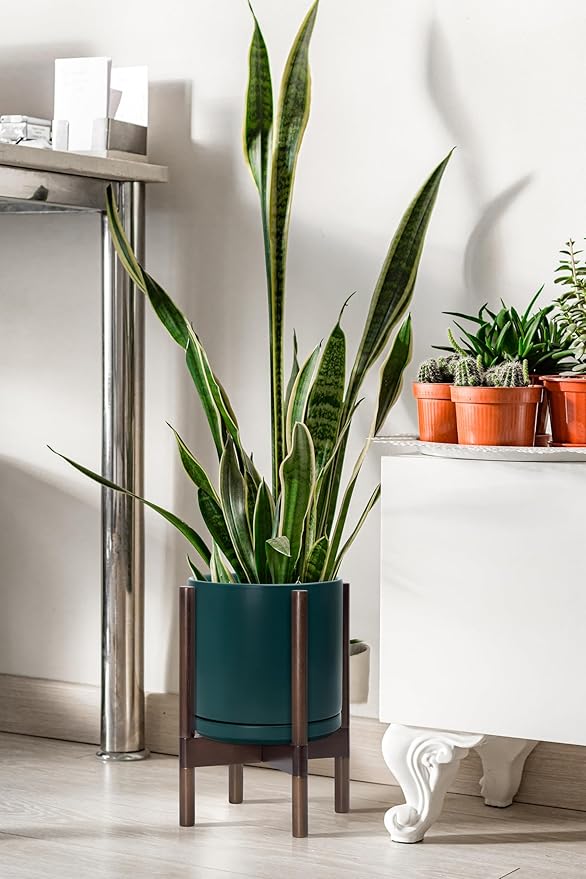 D'vine Dev Ceramic Planter with Walnut Color Stand - 10 Inch Modern Round Flower Pot with Wood Planter Holder, Teal, 55-B-X-4