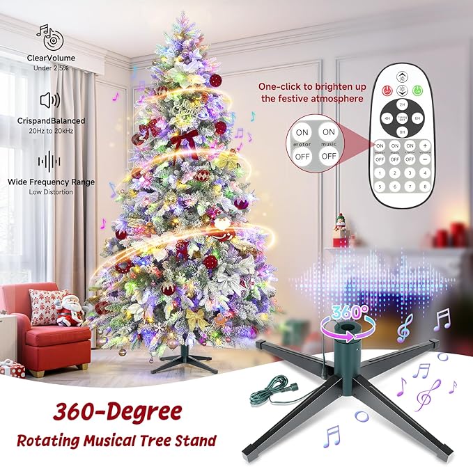 9FT White Flocked Artificial Christmas Tree, 360° Rotating Musical Xmas Tree with Remote Control, Pre-Lit 8 Modes Warm White & Multicolored LED Lights Snowy Holiday Tree for Festive Décor
