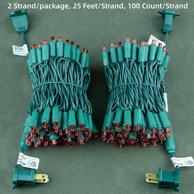 YULETIME Red Wide Angle LED Christmas Lights 200 Count 50 ft, Pack of 2 Strands 25 ft 100 Lights UL Certified String Light Set (Red)