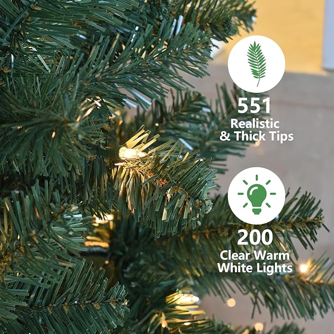 5ft Per-Lit Artificial Christmas Tree with 200 Warm White Lights, Premium Full Hinged Prelight Christmas Tree with 551 Steel Branch Tips, Green Xmas Tree for Easy Holiday Setup, Foldable Base