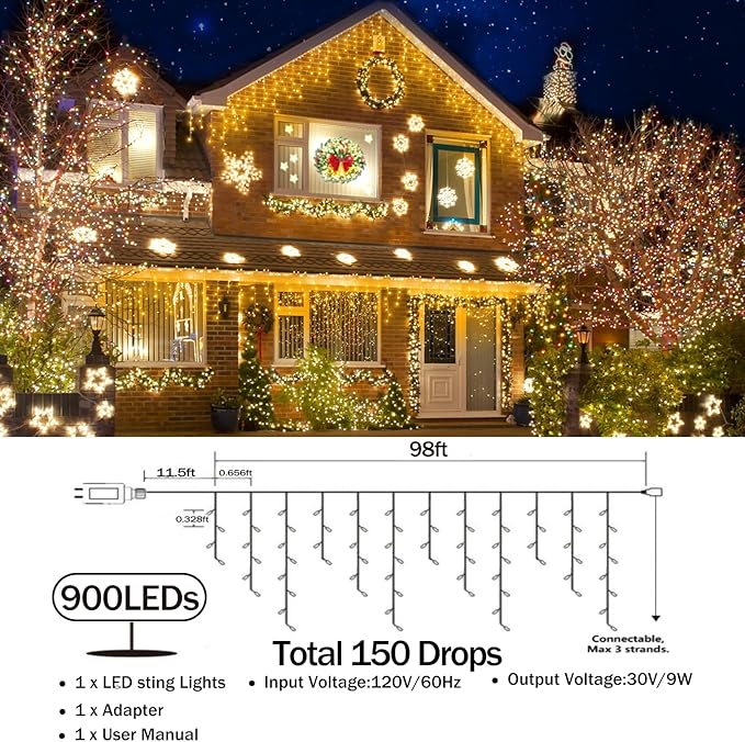 98FT Christmas Lights Outdoor Decorations 900LED Fairy String Light 12 Lighting Modes with Timer Memory Waterproof Christmas Light for Yard Roof Party Holiday Wedding Garden Decor