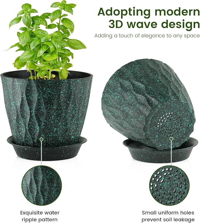 7/6.5/6/5.5/5/4.5/4 inch Plant Pots for Indoor Outdoor Plants, 7 Pack Thick Flower Pots with Drainage Holes and Saucers, Wave Texture Plastic Planters Nursery Pots, Black with Green Speckles