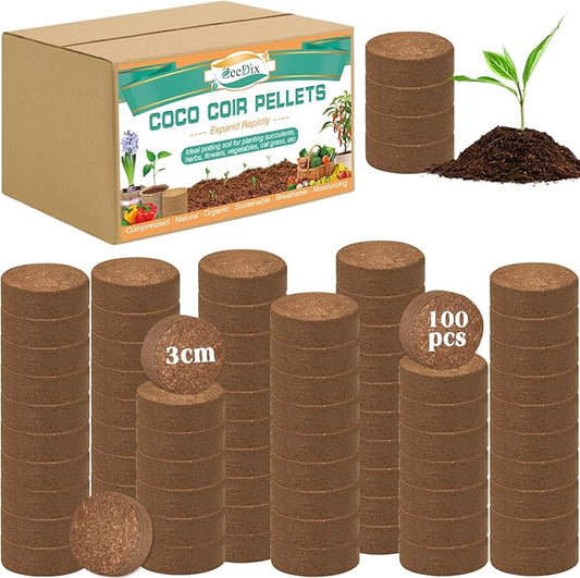 ZeeDix 100 Pcs (30mm) Compressed Coco Coir Fiber Potting Soil Seed Starters - Organic Coco Coir Pellet Fiber Soil for Planting Bonsai, Herbs, Plants, Flowers and Vegetables