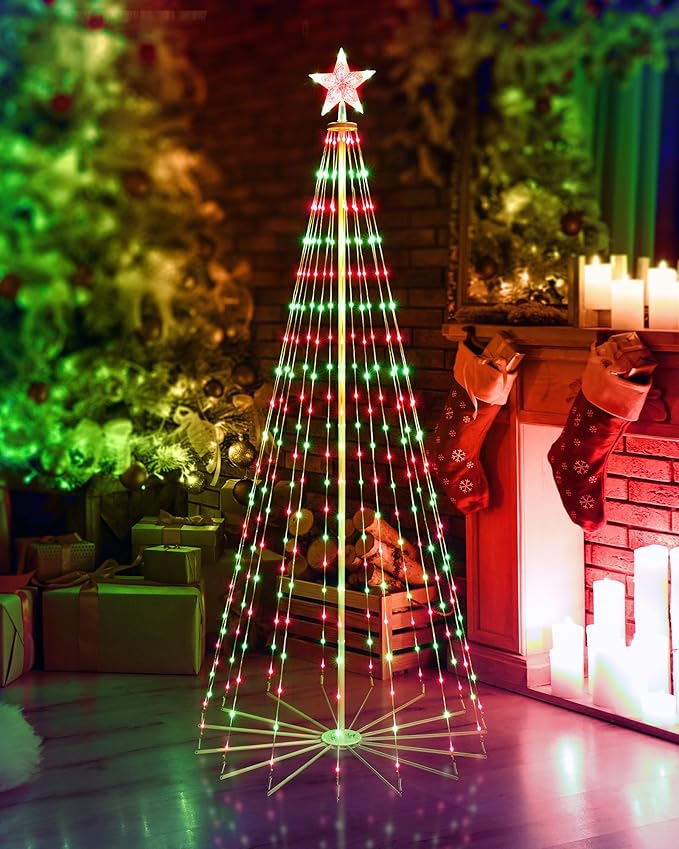 Christmas Cone Tree Light, 7ft 295 LED Light Show Christmas Tree with 8 Modes Timer Remote, Dimmable Artificial Christmas Tree for Porch Yard Patio Indoor Outdoor Xmas Holiday Decor, Red & Green