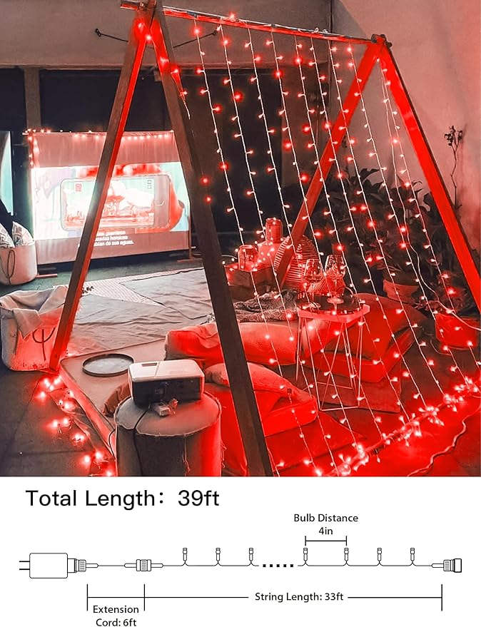 33FT 100 LEDs String Lights Waterproof Fairy Lights 8 Modes with Memory 30V UL Certified Power Supply for Home, Garden, Wedding, Party, Christmas Decoration Indoor Outdoor (Red)