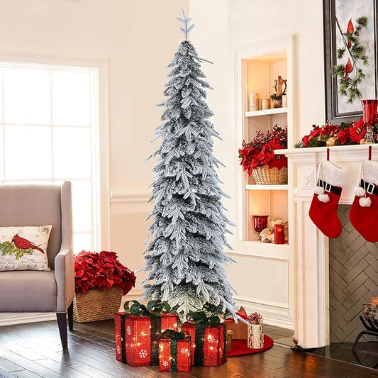 LuxenHome 7FT Flocked Christmas Tree, Unlit Downswept Slim Pencil Christmas Tree with 557 PE+PVC Brand Tips, Tall Artificial Christmas Trees with Stand for Indoor, Outdoor Holiday Decorations