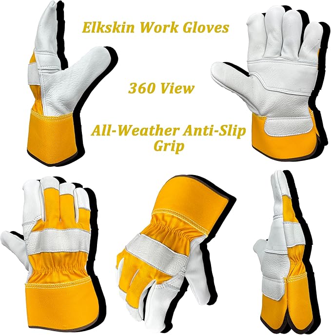 SKYDEER Premium Wild Elkskin Leather Work Gloves for Men (2 Pairs Large), All-Weather Durable & Breathable, Anti-Slip Grip for Heavy-Duty Labor, Construction, and Gardening