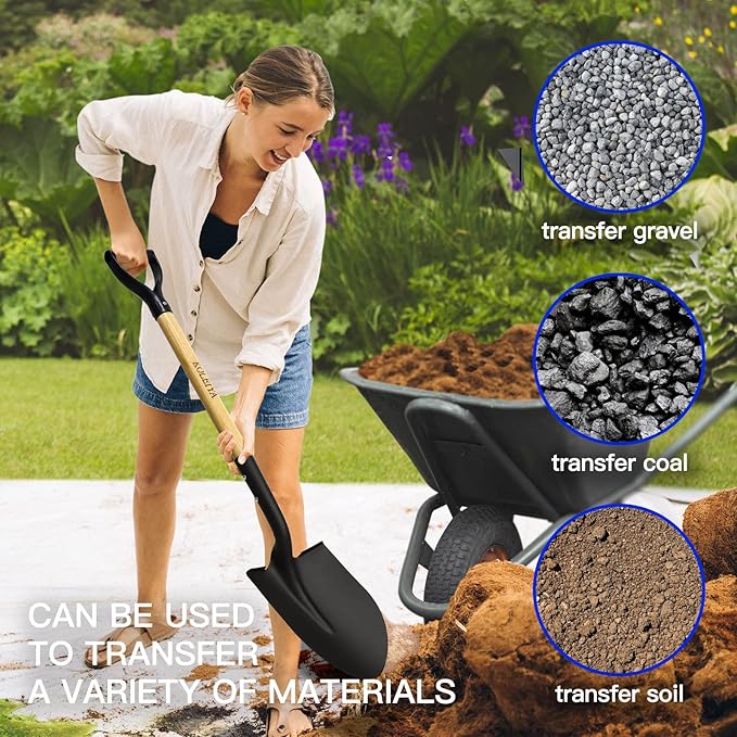 41 Inch Round Point Shovel for Digging,Heavy Duty Garden Shovel with D-Handle,Wooden Handle,Ideal for Gardening,Landscaping,Beach,and Snow Removal