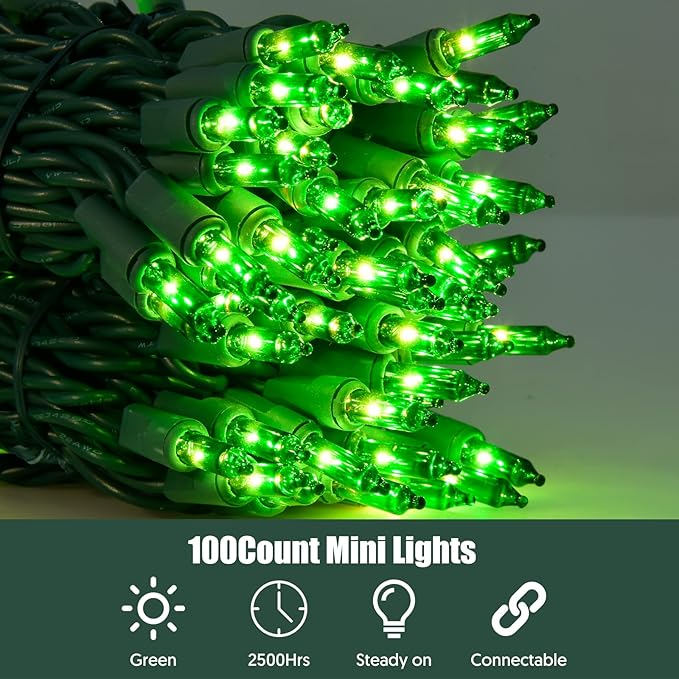 Green Christmas Lights St Patricks Day Decorations 100 Count Incandescent Light UL Certified Connectable Christmas Tree Lights for Indoor Outdoor Xmas, Wedding, Party, Home Decorations