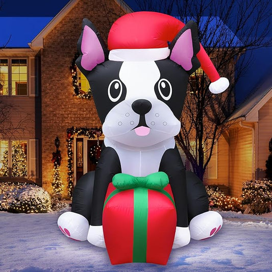 Holidayana Christmas Inflatables Large 5ft Tall Boston Terrier Dog with Gift - Inflatable Outdoor Christmas Decorations Blow Up X-mas Decorations for Yard, Lawn & Garden Internal Lights & Built-in Fan