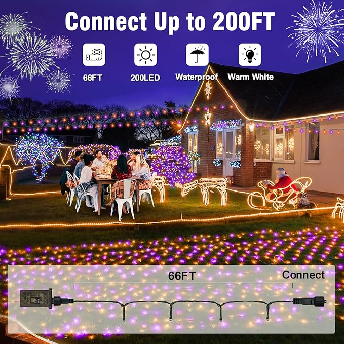 Nisocy 66FT LED String Lights Outdoor Waterproof – Purple Orange Fairy Lights with Plug, Connectable Christmas Tree Lights for Patio, Garden, Bedroom, Wedding, Party, Decor