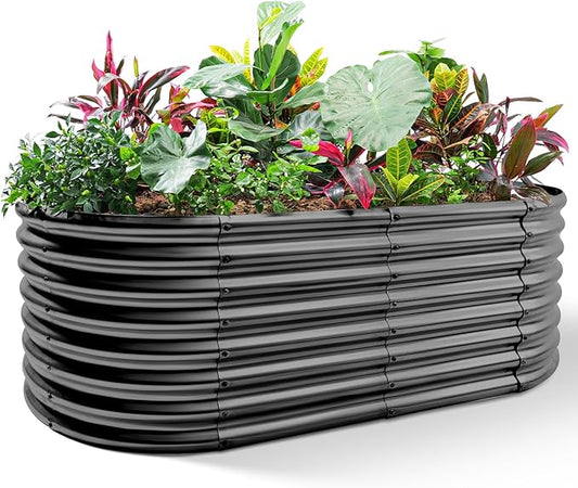 Land Guard Galvanized Raised Garden Bed, 8x4x2ft Planter Boxes Outdoor, Oval Larger Metal Planter Boxes for Vegetables, Fruits, Flowers (Grey)