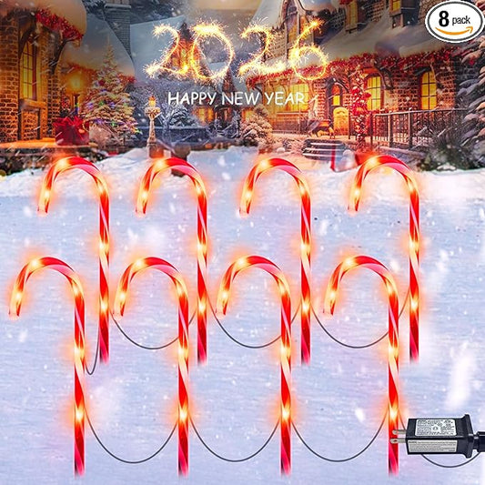 8 Pack Christmas Candy Cane Lights, Christmas Decorations Outdoor Waterproof, Pathway Light Plug in with 8 Lighting Modes & Memory Function for Outside Path Walkway Party Garden Yard Patio Xmas Decor