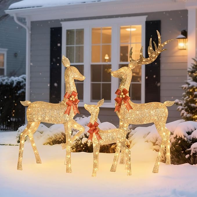 HOYECHI 6.5 FT Oversized Christmas Decorations Outdoor Lighted Reindeer – 3-Piece 3D Deer Family Set with 340 Warm White LED Lights for Yard, Lawn, Garden & Porch Holiday Display - Gold