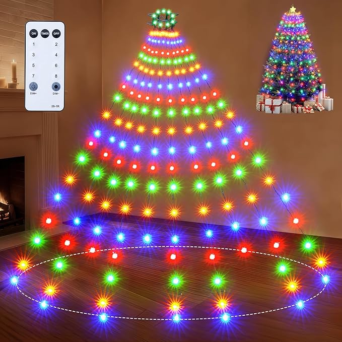 Christmas Tree Lights Christmas Lights Outdoor Indoor Multicolor 280Led 10 Lines with 8 Light Modes, Timer and Remote Control, Waterfall Lights for Wedding Home Party 4Ft-7Ft Xmas Tree Decorations