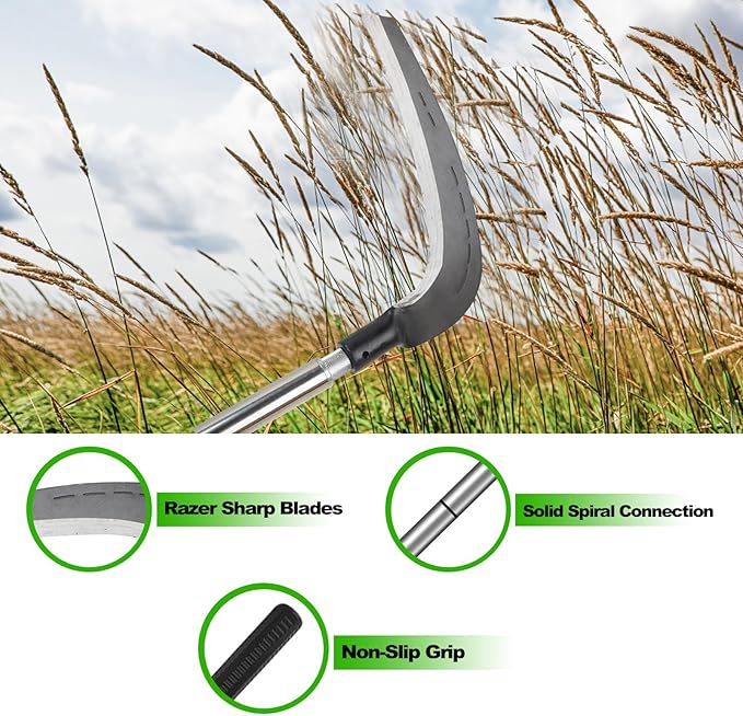 Scythe Tool for Grass Cutting, Weeding Sickle Garden Tools for Clearing Bushes, Brush, Vines in Yard, Fields, Ditches, Paths, Landscaping, Weed Razor Cutter Machete for Farming Harvesting