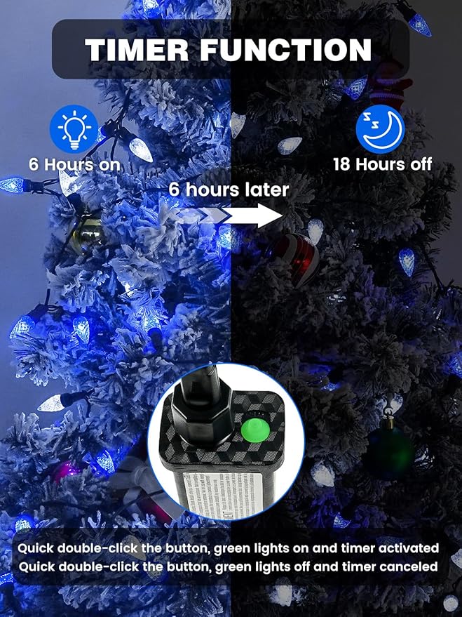 2 Pack C6 Christmas Lights Outdoor Indoor, Total 200 LED 66 FT Connectable Christmas String Lights with Timer & 13 Modes, Waterproof Twinkle Light for Xmas Tree Party Wedding Decor (Blue and White)