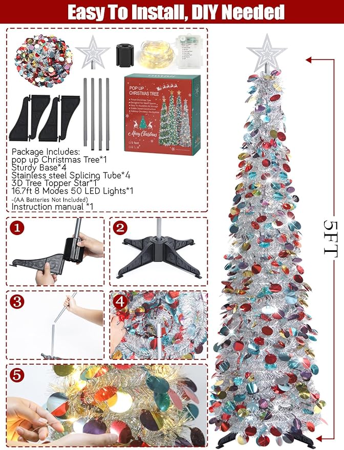 HMASYO 5 FT Pop Up Christmas Tree with Timer Lights, Silver Christmas Tinsel Tree, Collapsible Artificial Pencil Christmas Tree for Indoor Home Apartment Porch Holiday Party Decorations